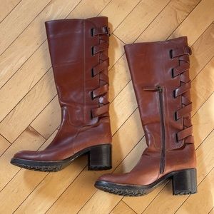 Sartore Knee Riding Criss Cross Strap Cognac Boots. 38